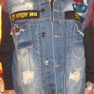 Mod Smuggler’s Moon Distressed Denim Cut Off Sleeve Vest XL New